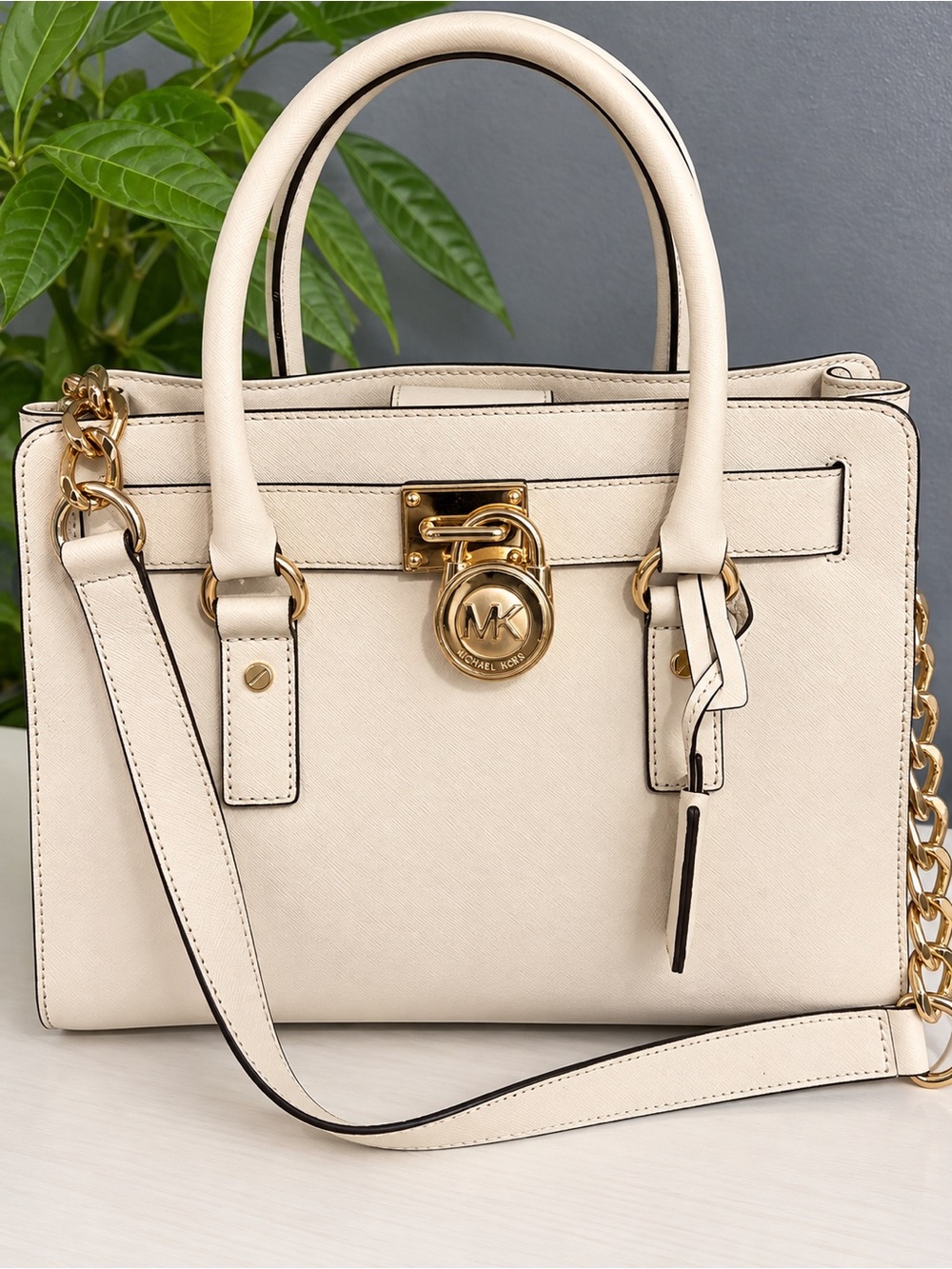 Michael Kors Cream Saffiano Leather Satchel with Gold Hardware